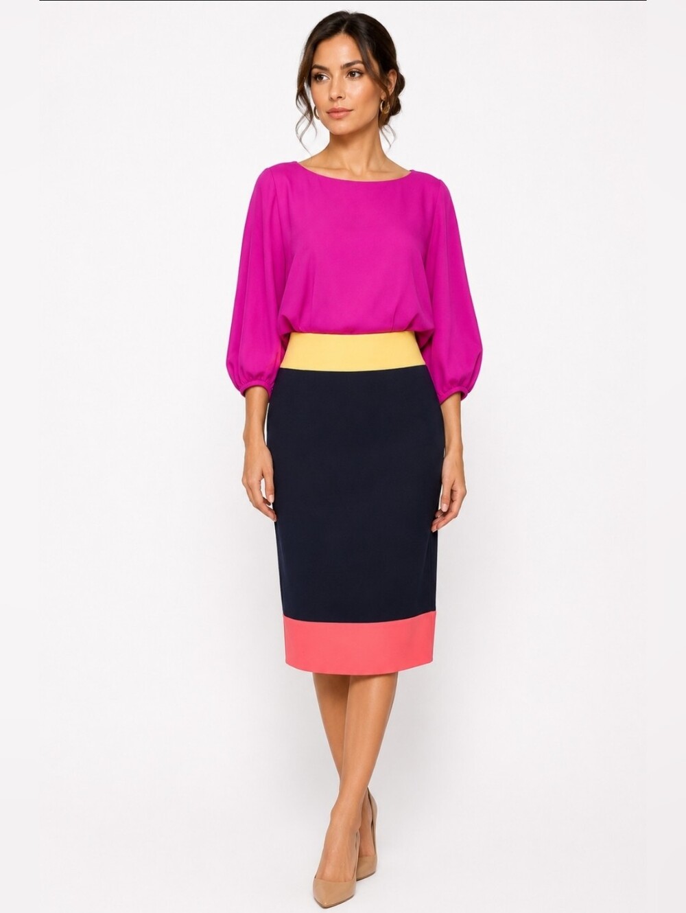 Donna Ricco Black, Yellow, and Coral Pencil Skirt US 4